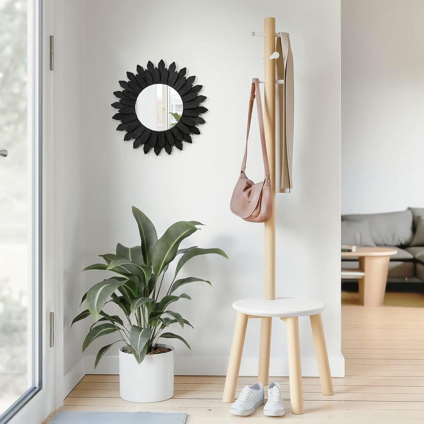 Emfogo Wall Mirror 12 inch Rustic Wood Sunburst Boho Mirror Farmhouse Wall Decor Room Decor Home Decor for Bedroom Living Room Entryway (Vintage Black)