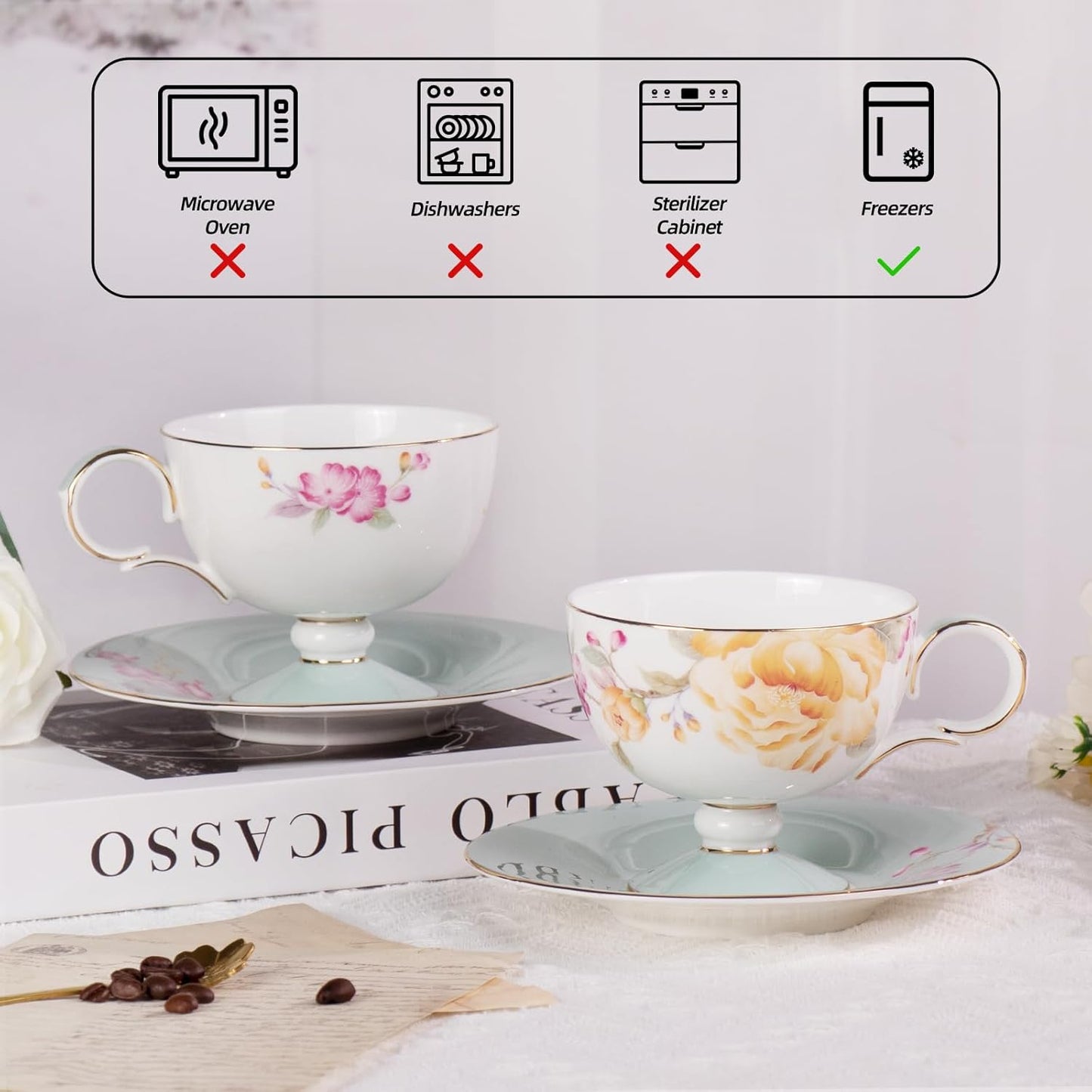 KAMMAK Ceramic Coffee Cups Saucers Set of 2, Porcelain Espresso Cups with Saucers, 7.44 oz Handcrafted Elegant Bone China Tea Cups, Yellow Peony Floral Pattern Teacup for Party, Office, Women Gift