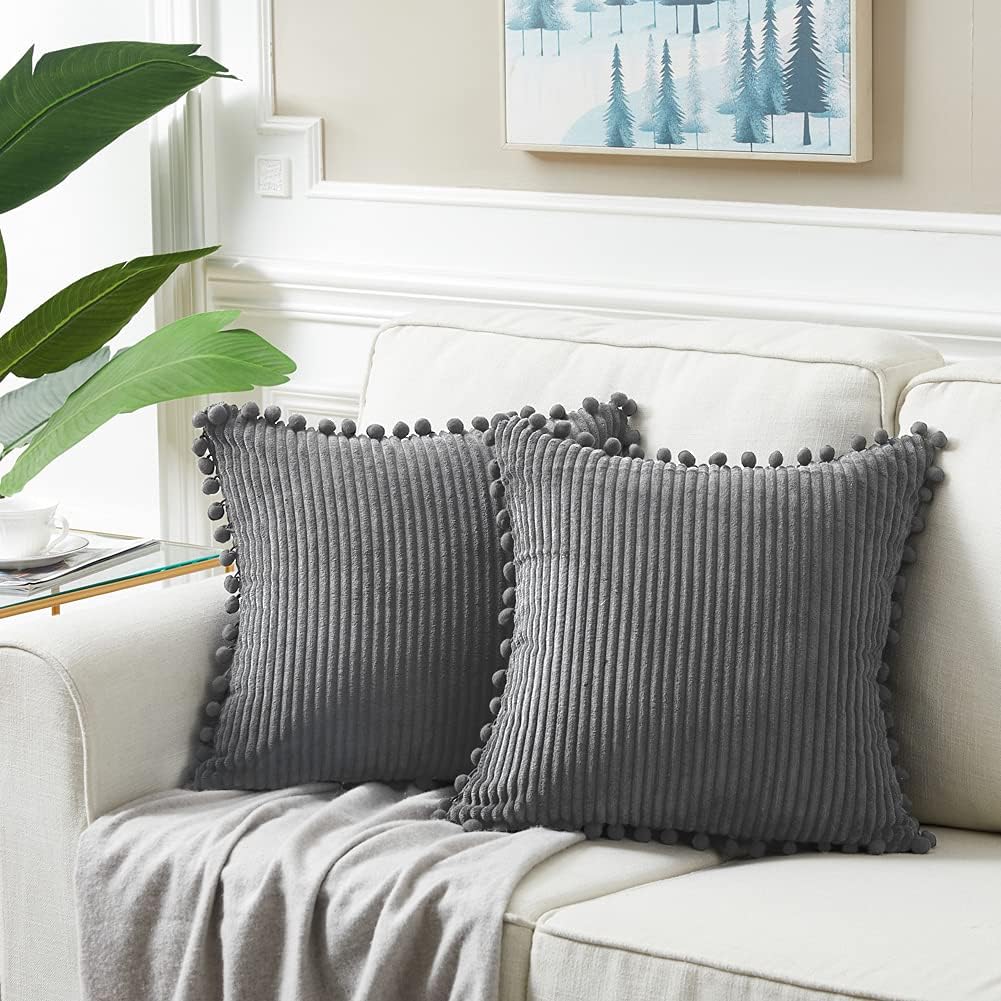 Fancy Homi Dark Gray Decorative Throw Pillow Covers 18x18 Inch with Pom poms, Boho Farmhouse Home Decor, Soft Corduroy Accent Square Cushion Case for Living Room Couch Bed Sofa 45x45 cm