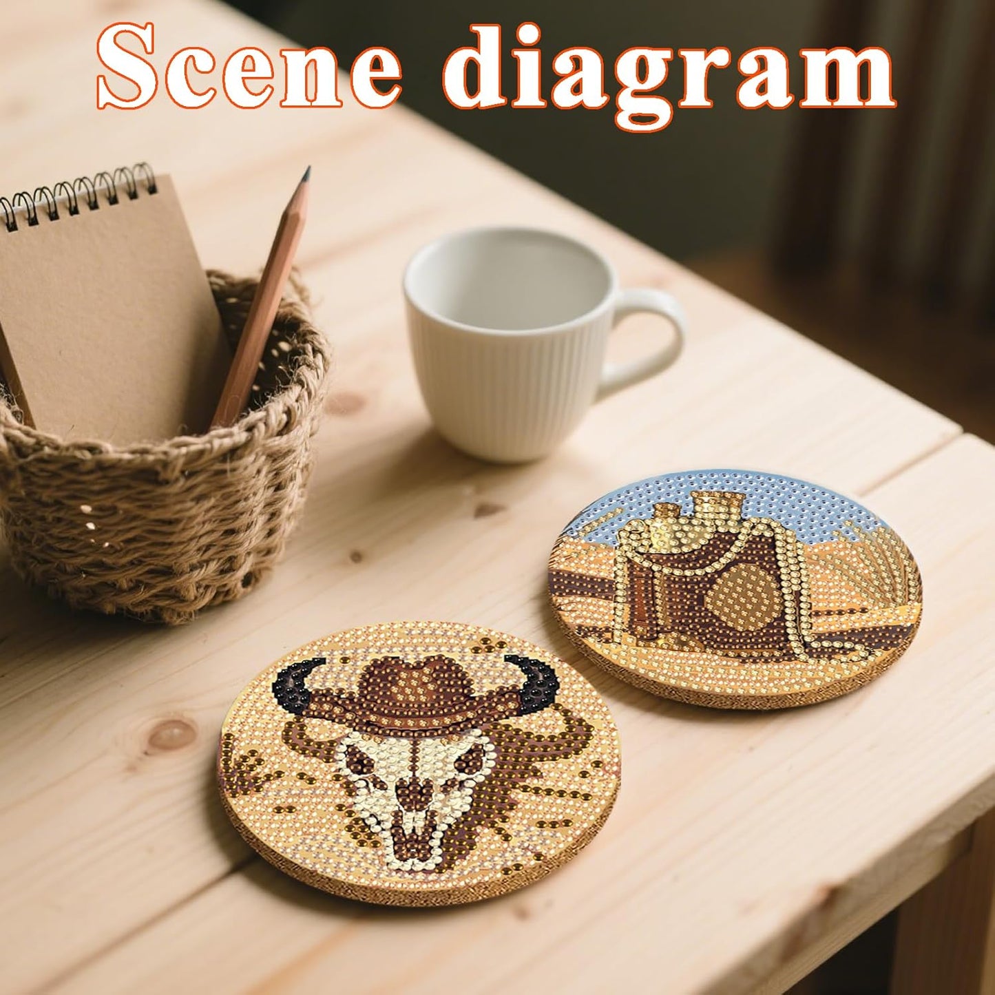 DOTSOPS 8pcs Diamond Painting Coaster with Holder 5D Diamond Art Kits for Adults Round Full Drill Beginners Gem Dots Craft Arts Supplies Party Home Decor Cowboy