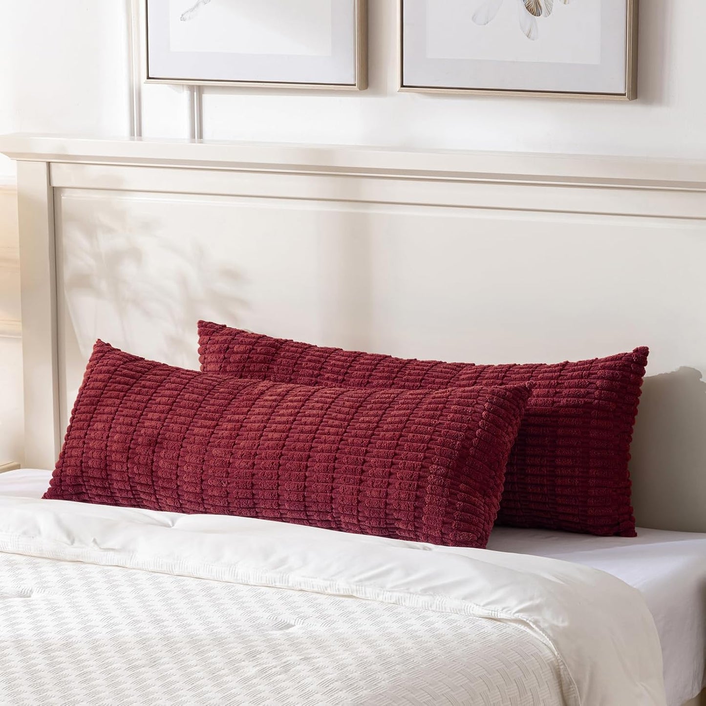 Fancy Homi Burgundy Long Body Lumbar Decorative Throw Pillow Covers 20x54 Inch for Bed Couch Bedroom Bench, Soft Corduroy Rectangle Solid Pillow Case, Rustic Farmhouse Boho Room Decor