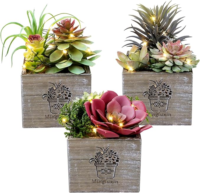Small Fake Plants, 3 Packs Mini Succulent Plants Artificial with Led Lights for Indoor Bathroom Bedroom Desk Office Decor