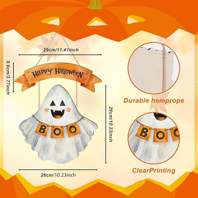 Welcome Halloween Sign,Cute Ghost Door Hanger,Happy Halloween Wall Decoration,Hey Boo Pumpkin Ghost Plaque for Front Door Indoor Outdoor Home Party Porch Yard Office Nursery Kids Room