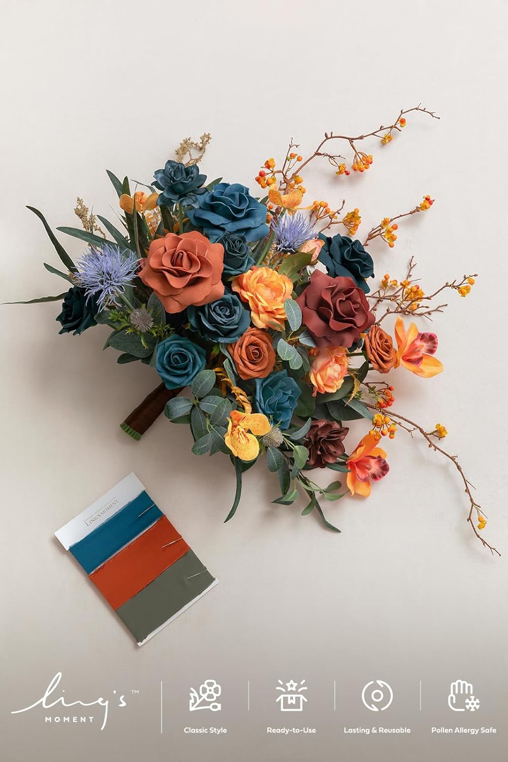 Ling's Moment Teal Bridal Bouquet, Burnt Orange Wedding Bouquets for Bride, 15 Inch Silk Free Form Bridal Bouquets Artificial Wedding Flower Bouquet