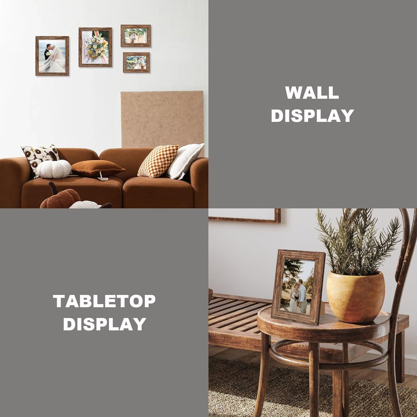 iRahmen 5x7 Picture Frame Set of 4, High Definition Glass Brown Frame, 5 x 7 Wood Rustic Photo Frames for Horizontal or Vertical Table Top and Wall Mounting