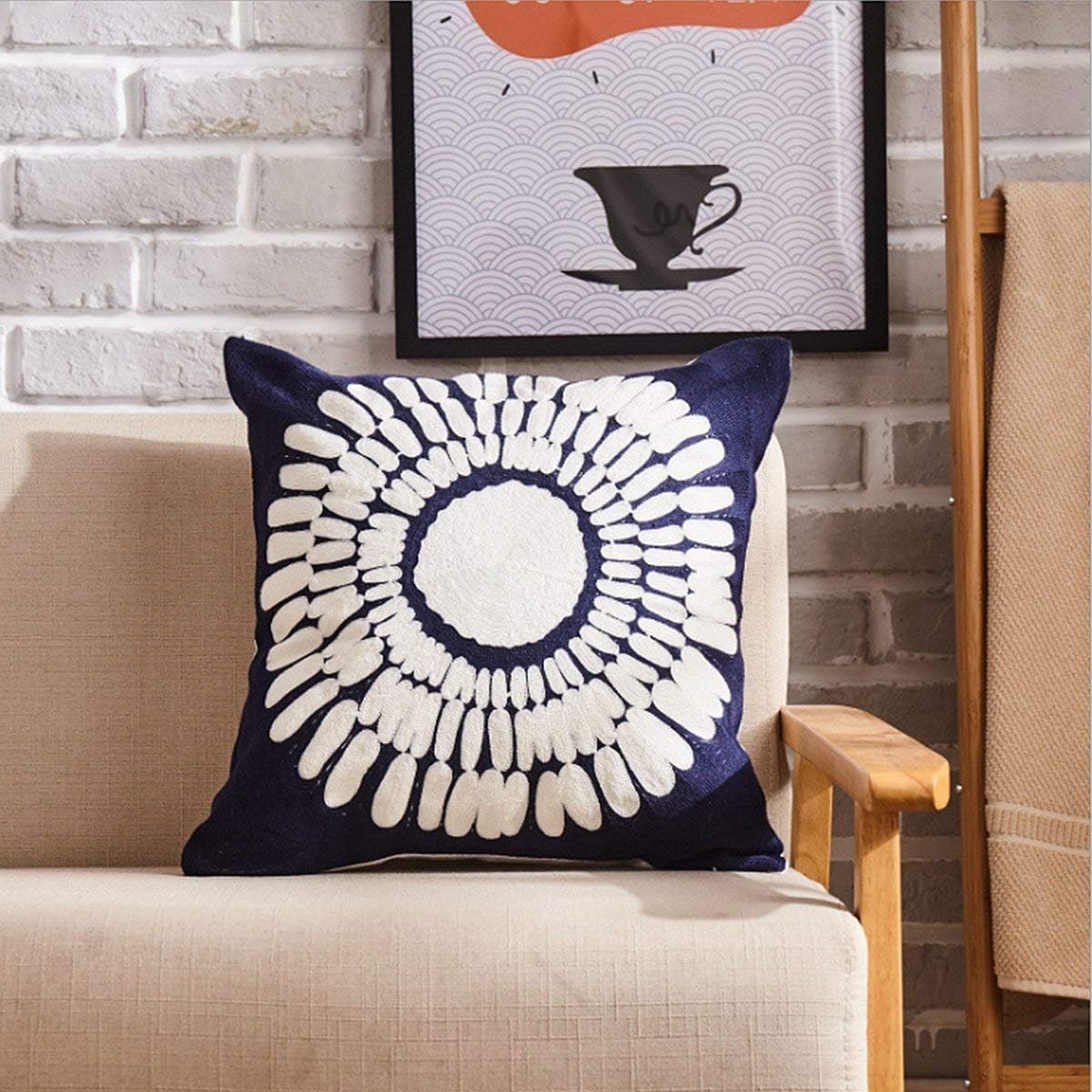 Embroidery Throw Pillow Covers 18x18 Home Decor Floor Pillows Cover 100% Cotton Cushion Cover Throw Pillow Case for Couch Dark Blue Sunflower Embroidered Pillow 45x45cm, Navy Blue, 1 Piece