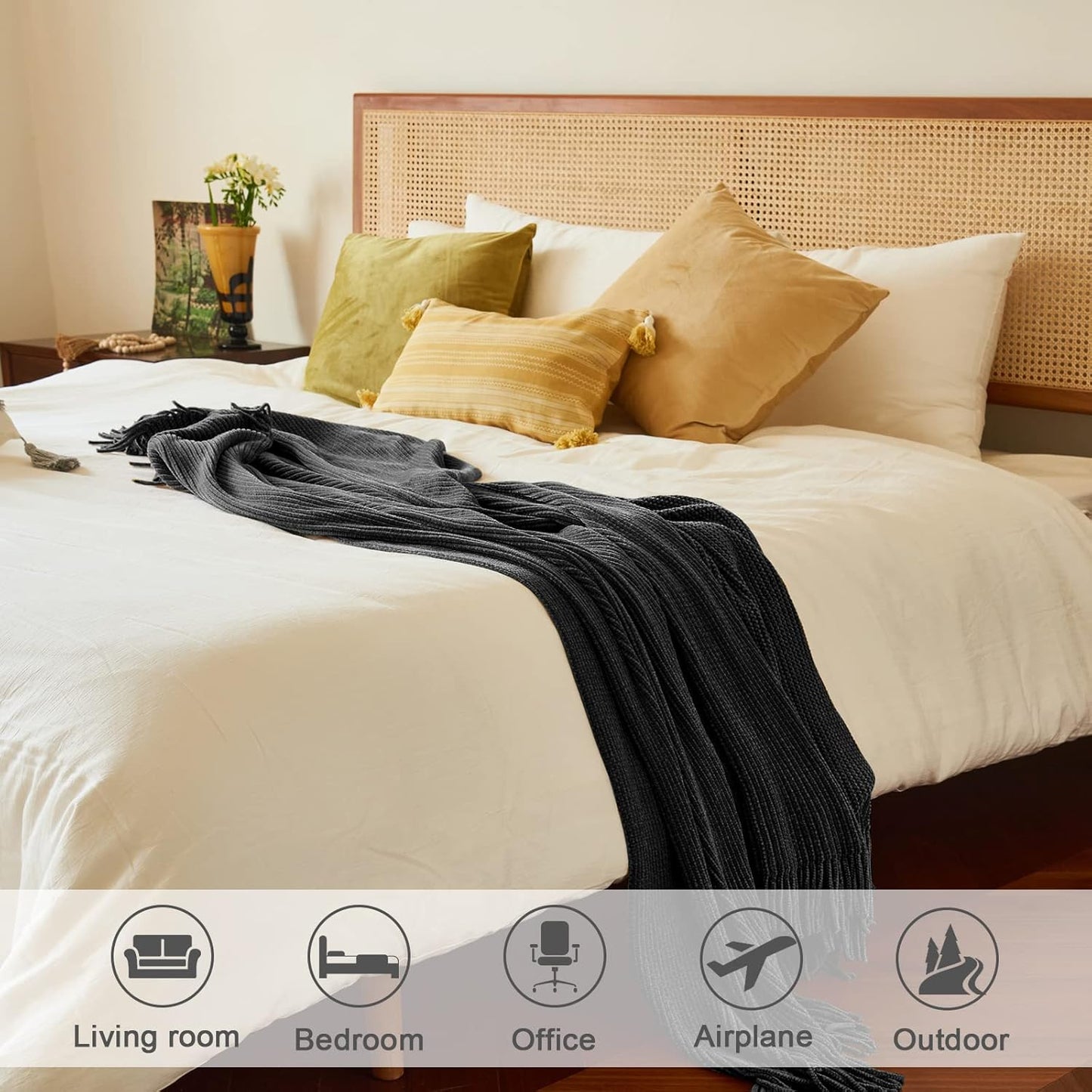 lifein Throw Blanket for Couch, Soft Boho Decor Bed Throw,Cozy Grey Knitted Chenille Small Farmhouse Lightweight Throw (Dark Grey,50 * 60")