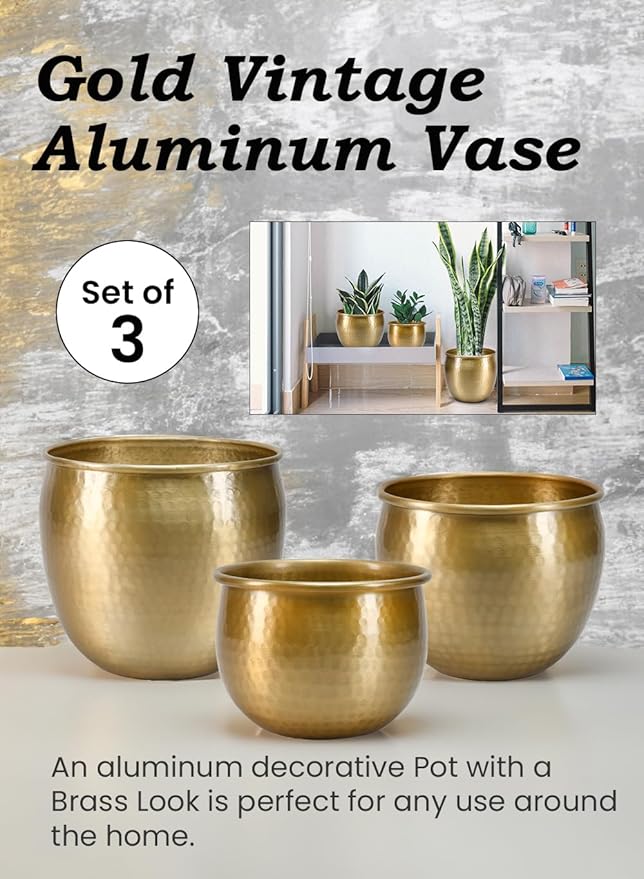 Serene Spaces Living Gold Brass Look Vintage Aluminum Vase - Perfect Decorative Accent for Plants, Weddings, and Events, Metallic Pot for Home, KIT - Small, Medium and Large