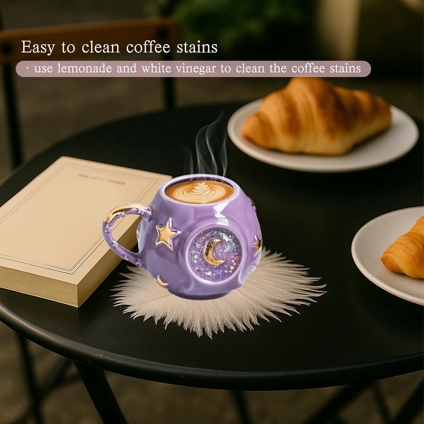 Handmade Coffee Cup 400ML with Fancy Tarot Star/Moon Design, Fashion Starry Sky Ice Coffee Cup, Gradient Pink Pottery Tea Cup for Home/Office (purple)