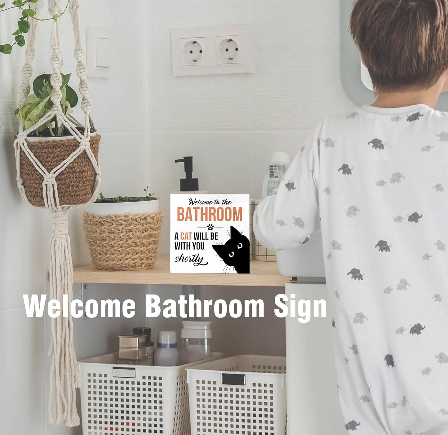 Funny Bathroom Black Cat Wall Desk Decor Wood Sign, Cute Cat Bathroom Decor Welcome Sign for Home Bath Rest Room Toilet, Gifts for Women Cats Lover, 5x5 inch