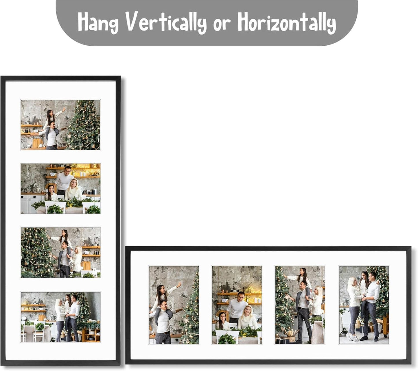 Frametory - 8x20 Aluminum Collage Picture Frame - Display 4x6 Pictures with 4 Openings Mat - Real Glass Front - Horizontal/Vertical Wall Mount - Black 1 Pack