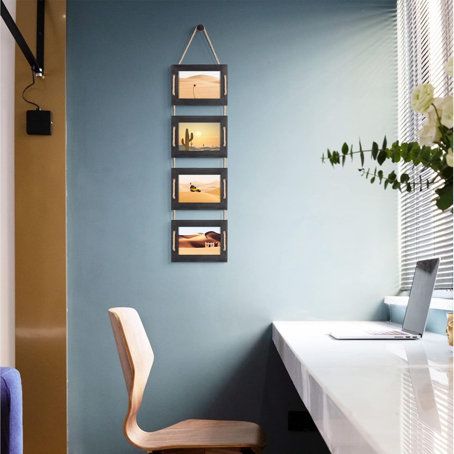 DLQuarts 4x6 Hanging Collage Picture Frames Wall Decor, 4-Opening 4x6 Photo without Mat Rustic Wood Frame with Hemp Rope, 1 Pack, Weathered Black