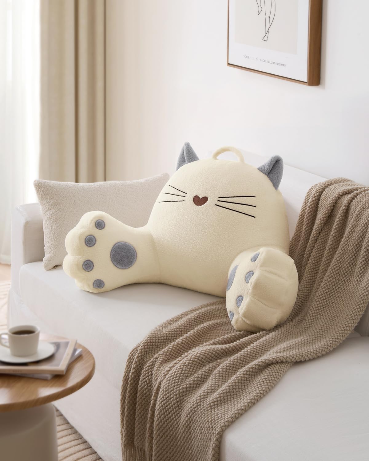 Blissful Diary Kitty Reading Pillow for Kids/Teens/Adults, Back Pillow for Sitting Up in Bed with Shredded Memory Foam, Bed Rest Pillow with Arms, Back Support Pillow with Washable Cover (Off White)