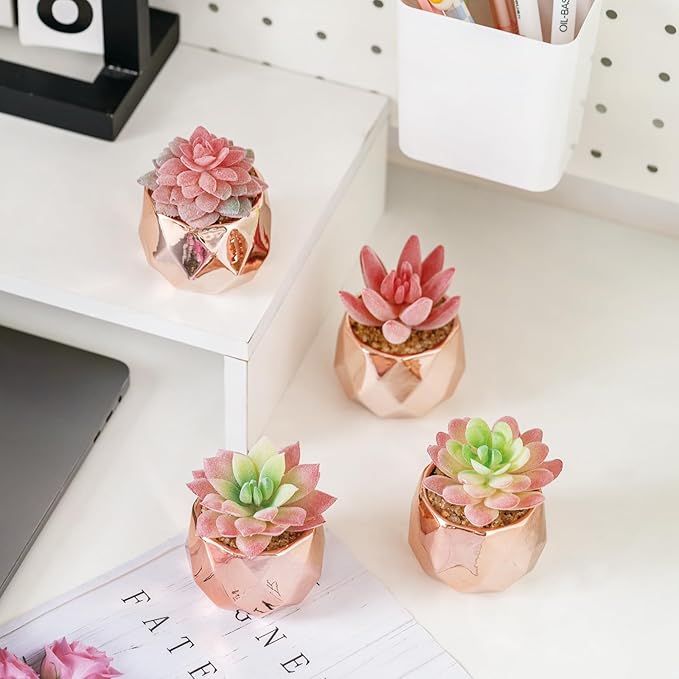 Tiita 4 Pack Artificial Faux Succulents in Pots, Mini Rose Gold Fake Plants for Women Desk, Small Realistic Faux Succulents for Home Office Accessories Window Sill Bathroom Bedroom, Rose Gold