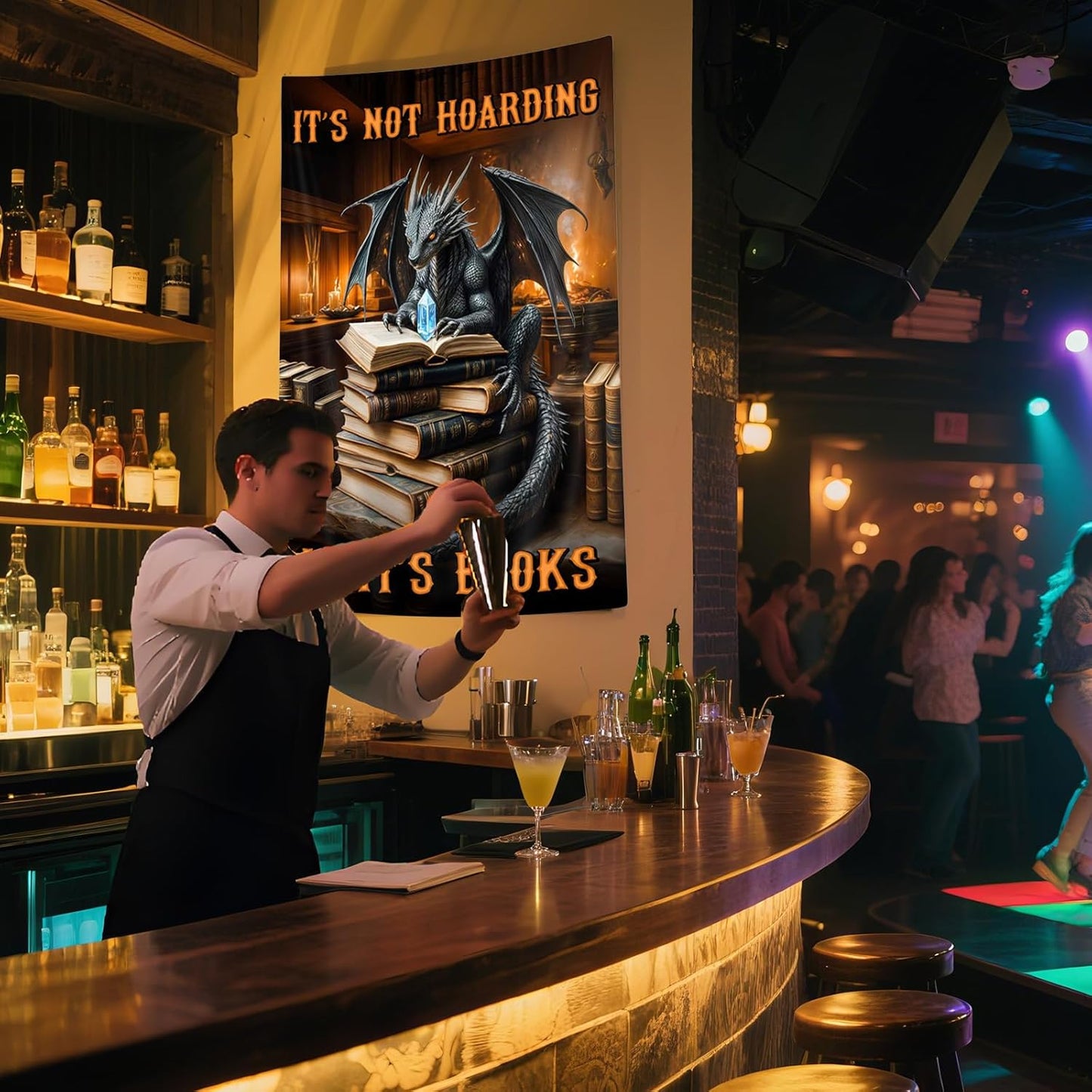 DYNH Black Book Dragon Art Tapestry,Vintage Medieval Dragon Wall Decor, It's Not Hoarding If It's Books,Wall Hanging for Book Lover Library Classroom Reading Nook Home Bedroom Living Room,30X40Inches