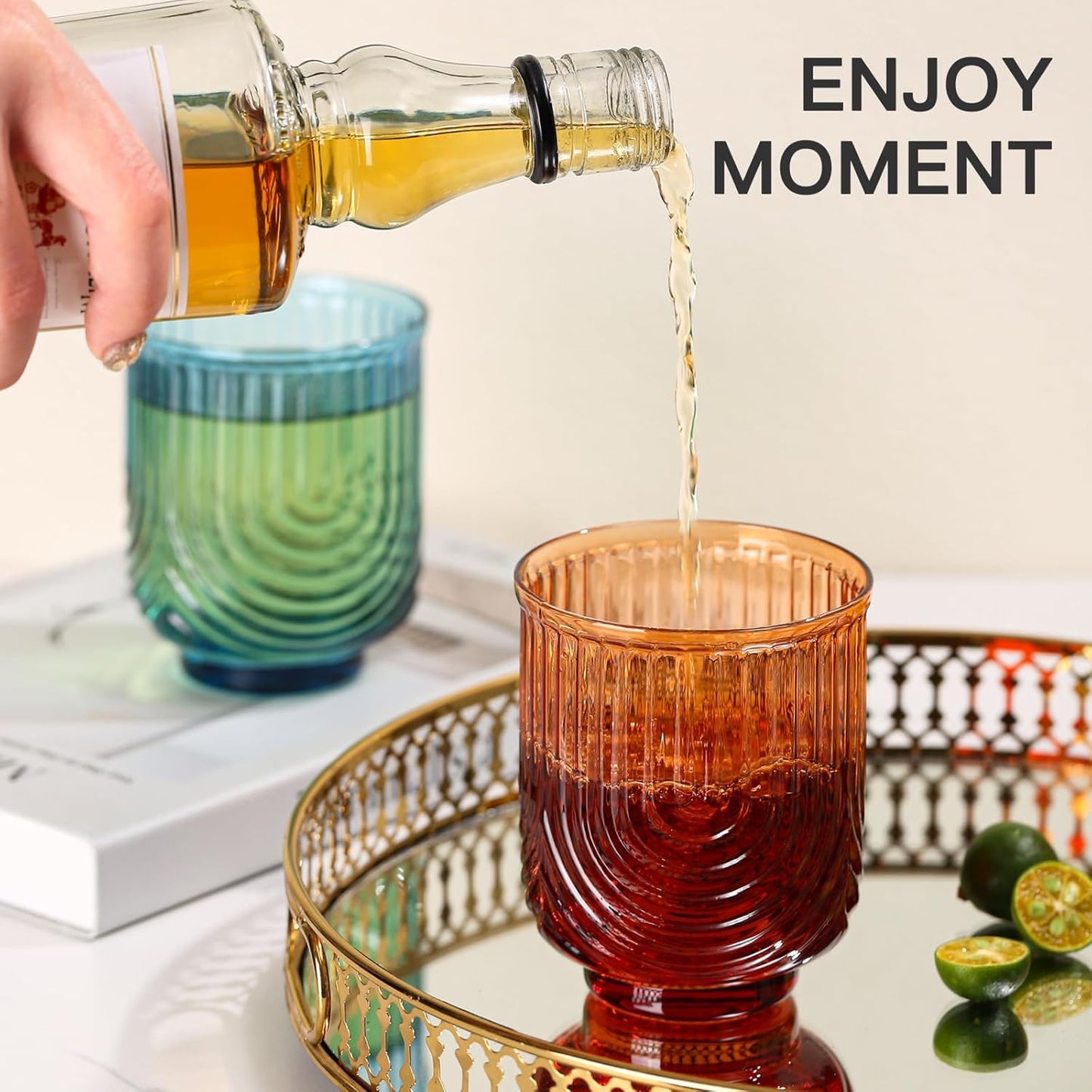 Colored Vintage Drinking Glasses Set of 6-14Oz Colorful Glass Drinking Glasses, Art Deco Ripple Highball Glass, Whiskey Cocktail Glasses, Glassware for Bar Beverages Ice Coffee Juice