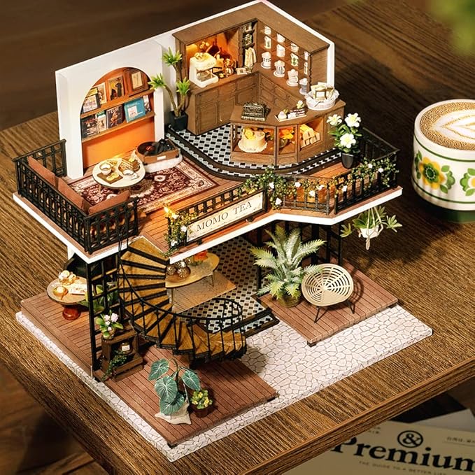 TuKIIE DIY Miniature Dollhouse Furniture Kit, 1:24 Scale Creative Room Wooden Doll House Accessories Plus Dust Proof & Music Movement for Kids Teens Adults(Forest Teashop)