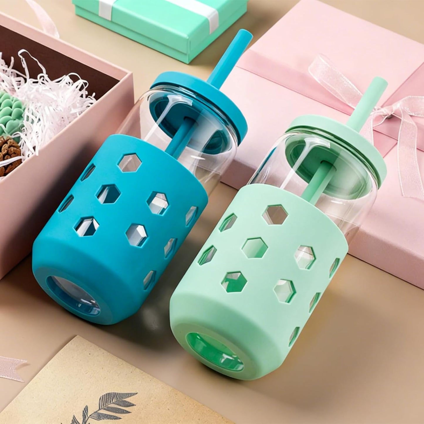 Glass Cups with Silicone Lids and Straws (4 Pcs), 16oz Drinking Glasses Set with Silicone Sleeves for Coffee Bar Accessories Iced Coffee Cups with Lids, Glass Tumbler Reusable for Gifts