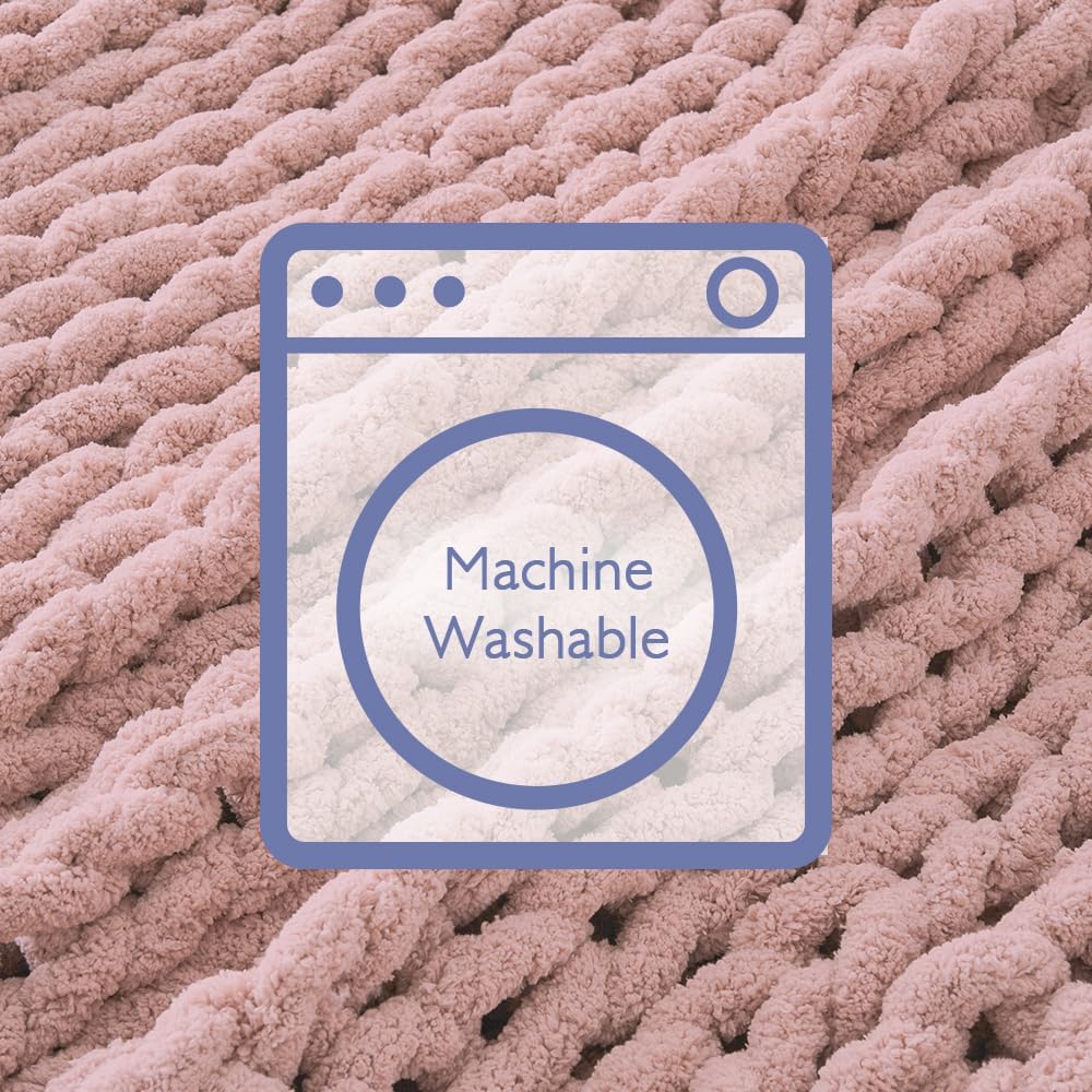 Bigacogo Chunky Knit Throw Blanket for Couch, 40x40 inches, 100% Hand Knitted with Thick Jumbo Chenille Yarn, Cozy Soft Large Rope Knot Cable Crochet Blankets for Sofa Bed Living Room, Dusty Pink