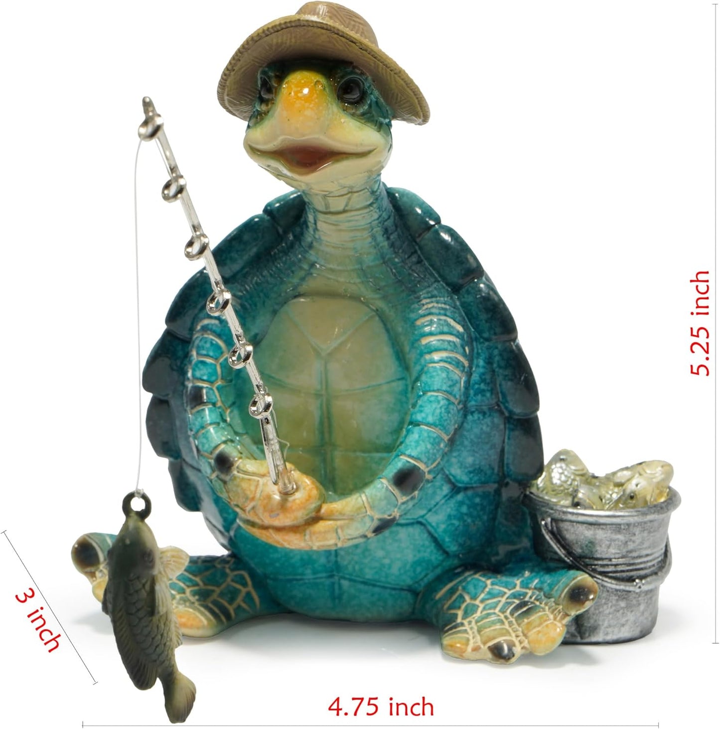 Hodao Sea Turtle Fishing Figurines Decoration Summer Turtle Crafts for Home Office Desk Decor Statue for Tabletop Shelf Decoration Ornament Gifts Decor for Beach Place (Blue)