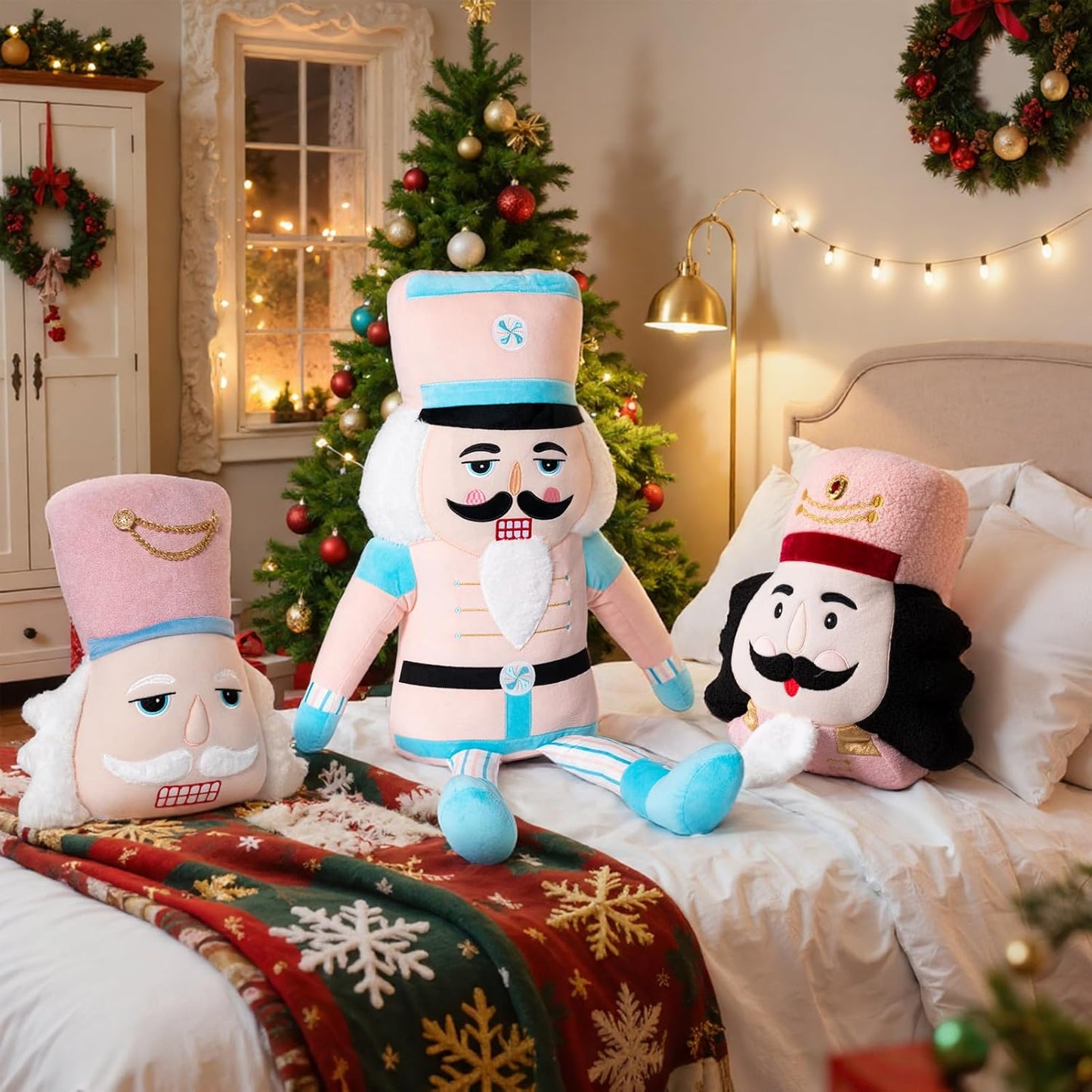 Lanpn Christmas Nutcracker Pillow Set of 2, Christmas Decoration Winter Throw Pillows Soft Cute 3D Shaped Nutcracker Throw Cushion for Sofa Living Room Bedroom Xmas Decor (Pink)