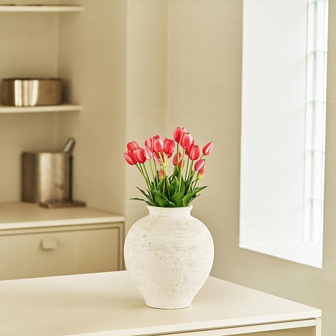 LB2 Large White Ceramic Vase, 11" Tall Zen Style Rustic vase, Terra Cotta Pitcher Vase, Distressed Farmhouse Decor, Pottery Decorative Flower for Home Decor (H 11.8" X 11")