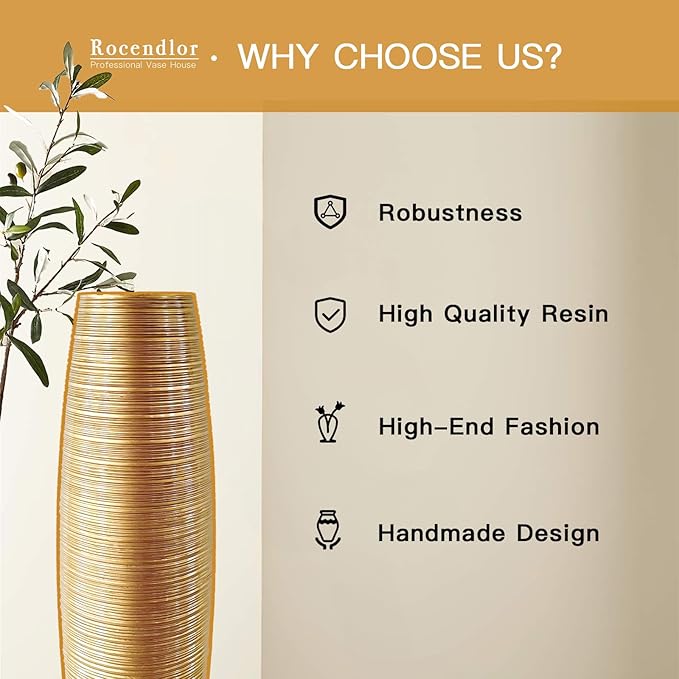Tall Floor Vase, 27.5 inches (70cm, 2.3FT) Tall Vases Sturdy, Luxury, Textured for Decorative Branches Dried Flowers, Floor Vase for Rustic Living Room, Shelf Decor, Resin Gold