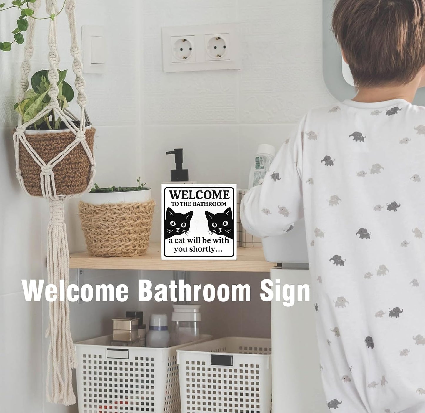 Funny Black Cat Bathroom Decor and Accessories Wood Box Sign, Cute Cats Black and White Decor for Bathroom Signs, Bath Decoration, Welcome To The Bathroom A Cat Will Be With, 5x5 inch