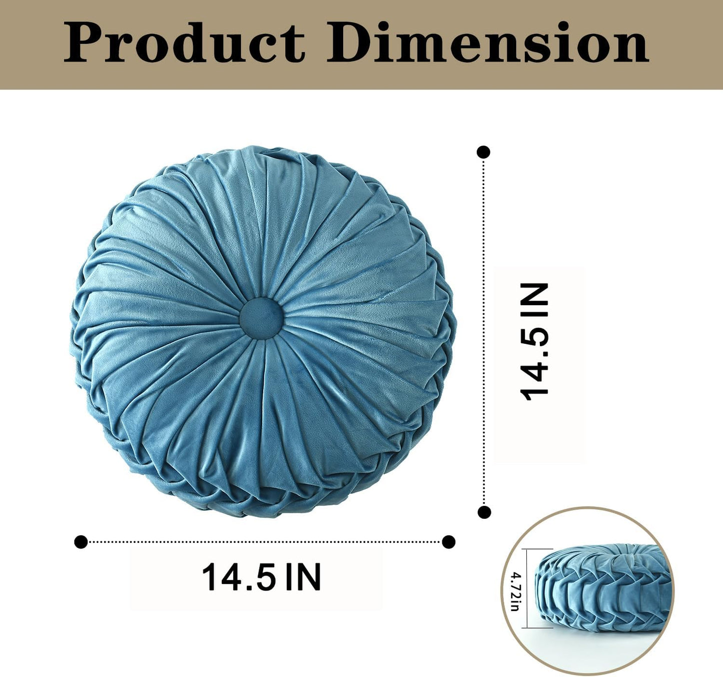 HIG Set of 2 Dusty Blue Ruched Velvet Round Throw Pillows – 14.5’’ Decorative Pillows with Soft Polyester Filling for Couch, Bed, Living Room, Bedroom, or Dorm – Handmade, Stress Relieving, All-Season