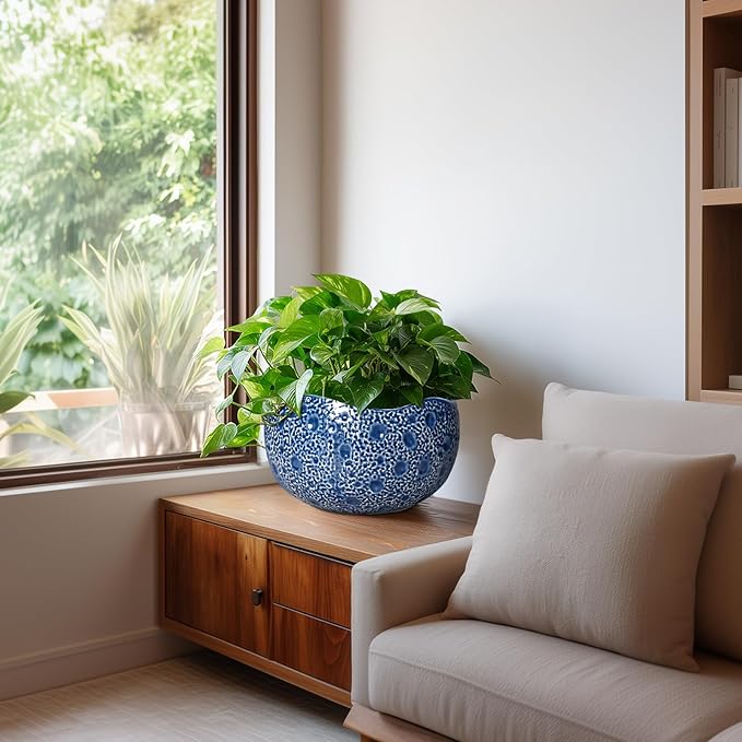 10 Inch Plant Pot - Ceramic Pots for Plants Indoor Outdoor, Round Bonsai Pots with Drainage Hole, Decorative Flower Pot, Modern Unique Planters, House Decor, Housewarming Gifts, Blue