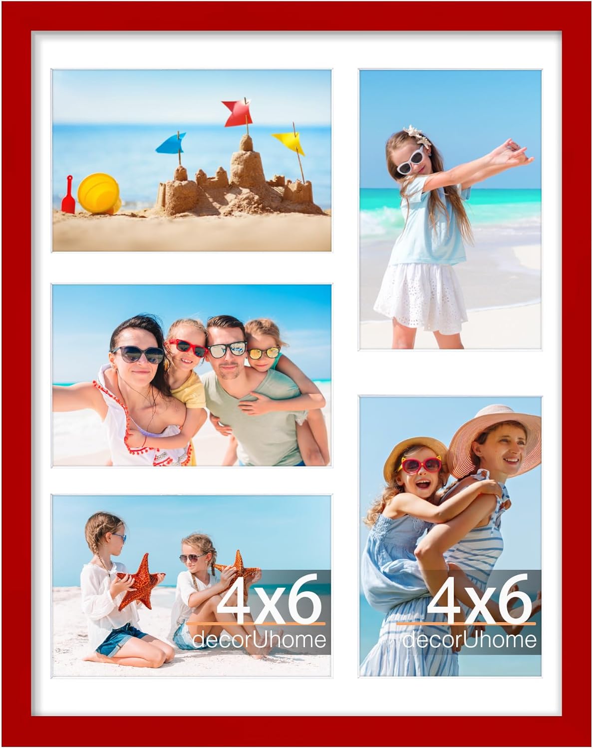 decorUhome 11x14 Picture Frames Collage Wall Decor, Display 5Pcs 4x6 Photos with Mat or 1Pcs 11x14 Unmatted, 5 4x6 Collage Picture Frames for Wall Mounting, Red