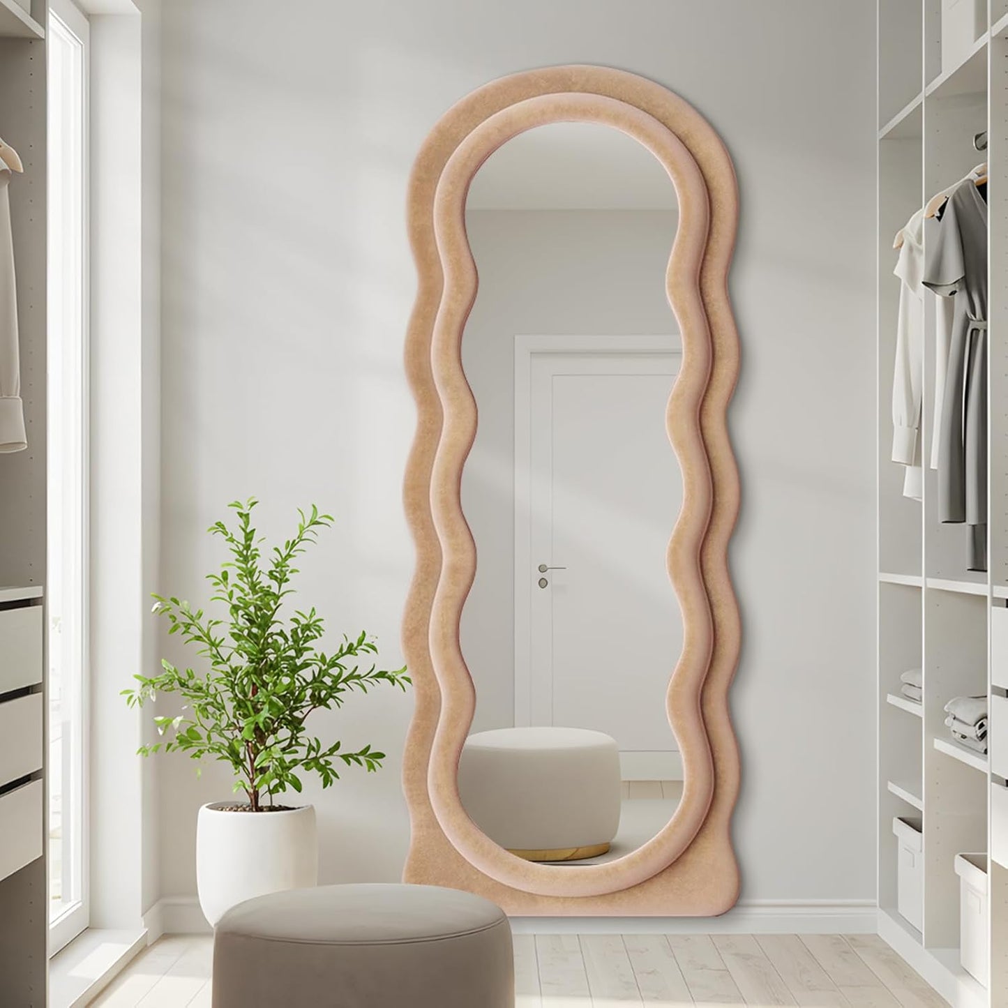 Full Length Mirror 63"x24" Arched Wavy Full Body Wall Mounted Floor Mirror with Stand Milk Tea Flannel Frame Leaning Hanging Wall Mirror for Bedroom Entrance Hallway