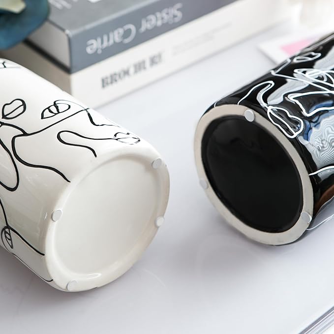 Kimdio Ceramic Vase Set, 2pcs Black and White Abstract Irregular Design Flower Vases, Modern Home Decor Living Room Decor Minimalist Decorative Vase for Pampas Grass