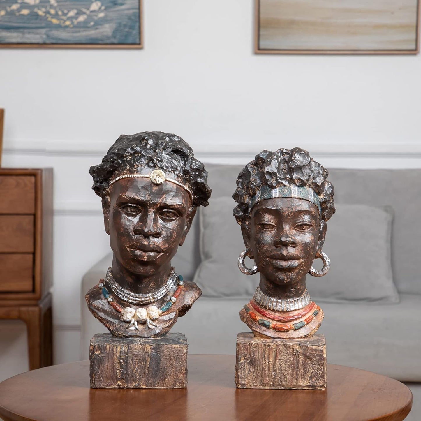 Leekung African Statues and Sculptures for Home Decor,African Figurines Head Statue Decorations for Home,African Art Sculptures Man Statue Decor for Living Room Woodstone Color
