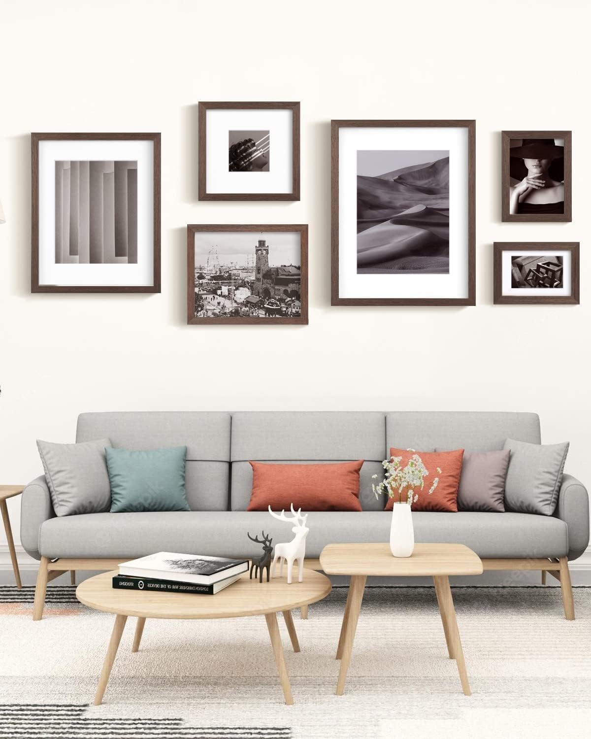 Egofine A4 Picture Frames Set of 4, Made of Solid Wood Covered by Plexiglass 4x6 and 6x8 with Mat or A4 without Mat, for Table Top Display and Wall Mounting Photo Frame Brown