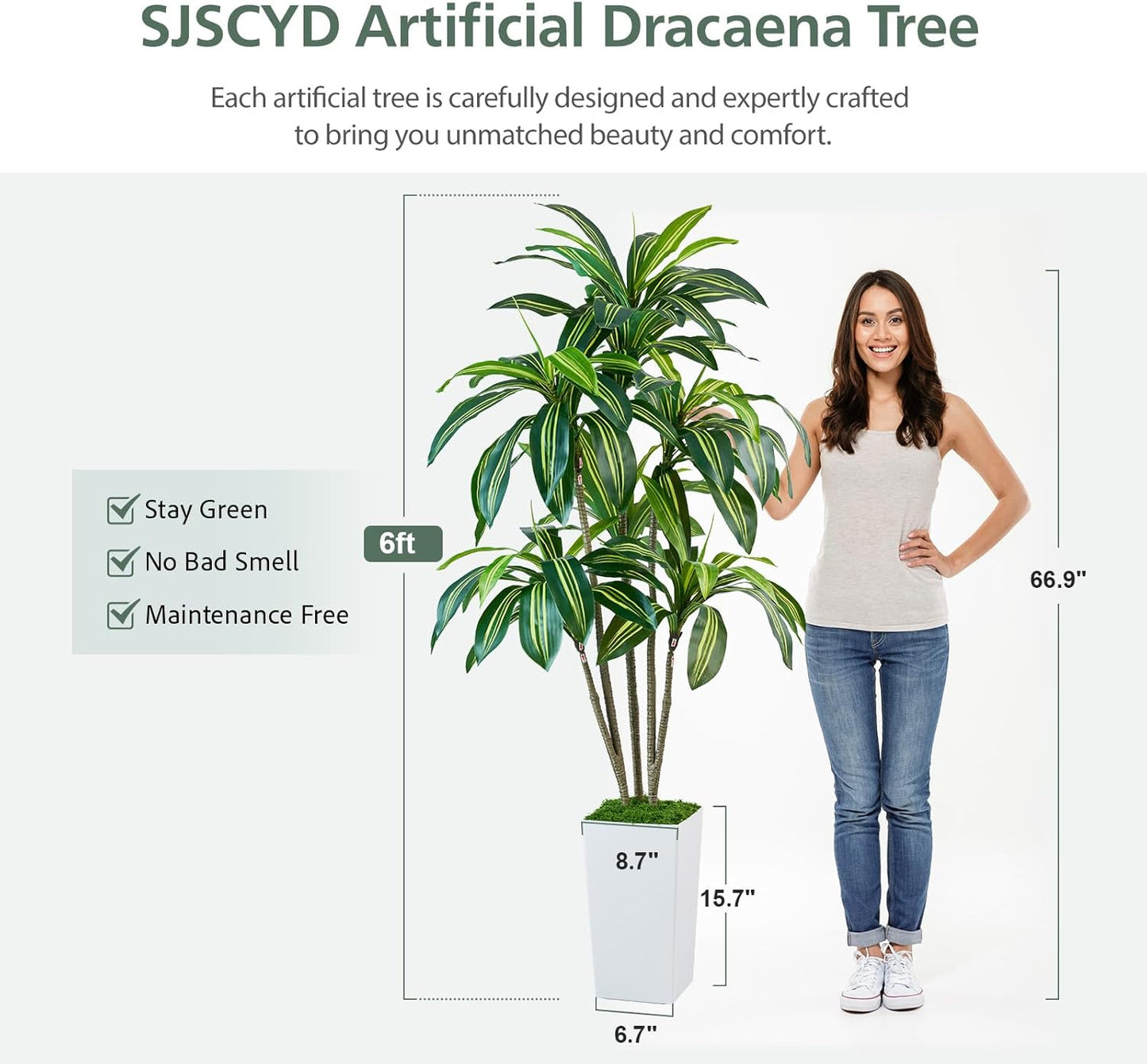 Dracaena Artificial Plants Indoor, 6FT Tall Faux Tree with White Tall Planter, Fake Yucca Tree Floor Plant, Artificial Trees for Home Office Living Room Garden Decor Outdoor, Housewarming Gift