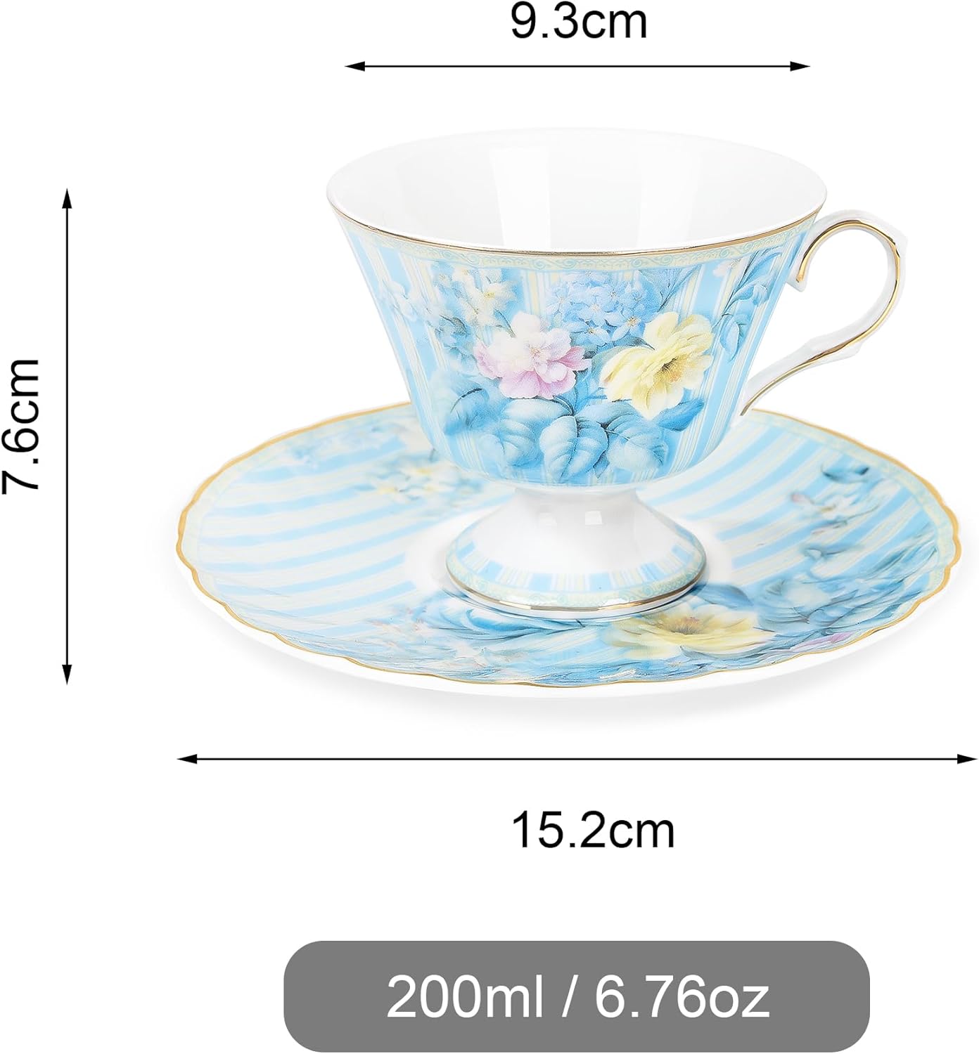 fanquare Vintage Blue Striped Tea Cup and Saucer, Hydrangea Flower Coffee Mug, Retro Floral Tea Cup Sets for Tea Party, 5oz
