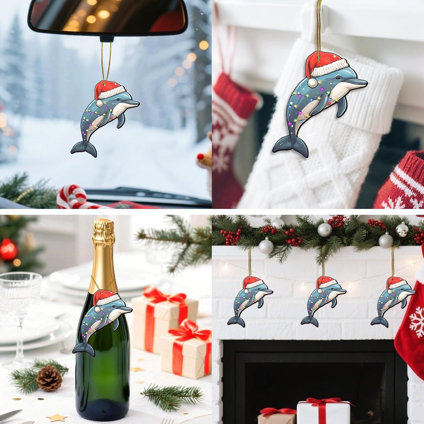 Dolphin Ornament for Christmas Tree Decorations - Dolphin with Santa Hat Hanging Ornament - Marine Life Decorative Gifts - 2 Side Printed Wooden Ornament