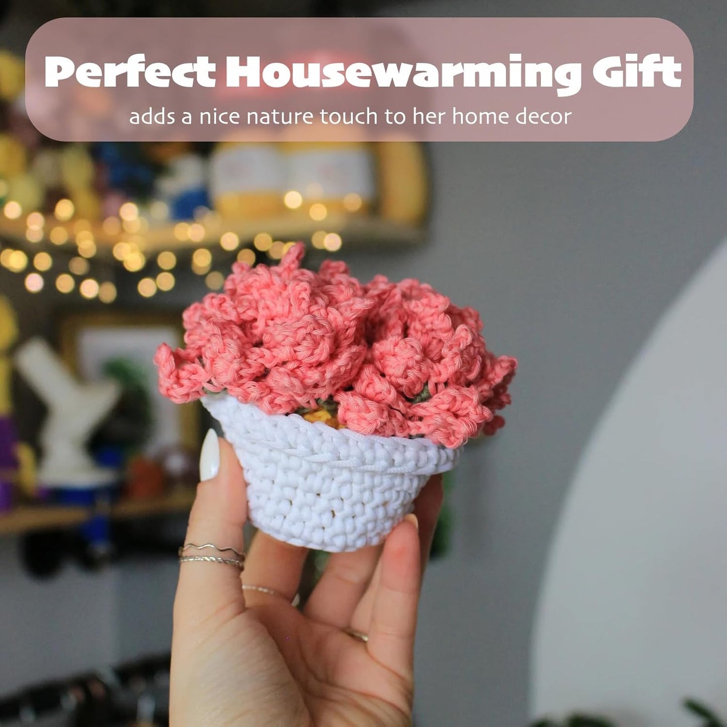 Cute Coasters Set of 4,Funny Pink Flower Coasters,Crochet Plant Pot Coaster Set for Drinks with Flowerpot Holder,Fun Soft Decorative Coasters Housewarming for New Home Bar Desk