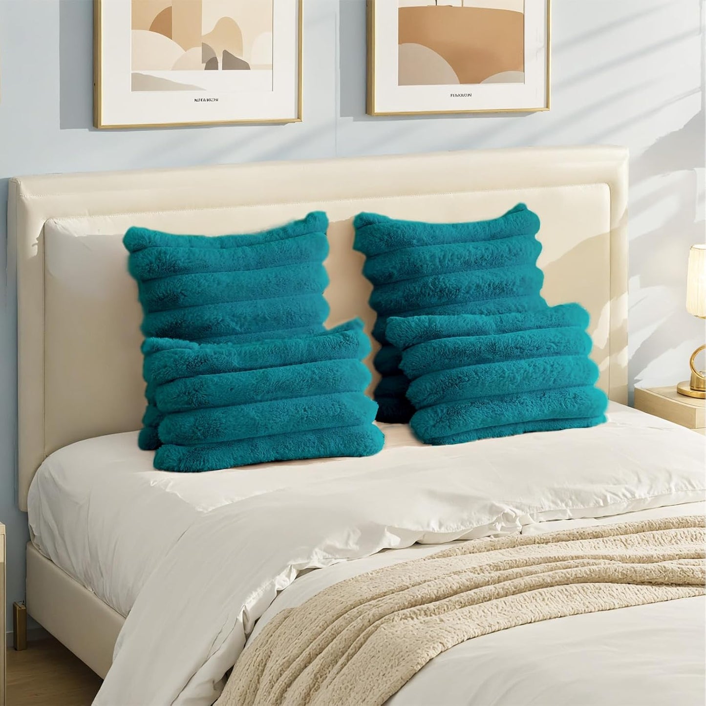 HAUSSY Faux Fur Throw Pillow Covers 20x20 Inch Set of 2,Decorative Striped Neutral Pillow Cases Soft Plush Couch Pillow Covers,Home Decor for Sofa,Bed, Living Room,Teal
