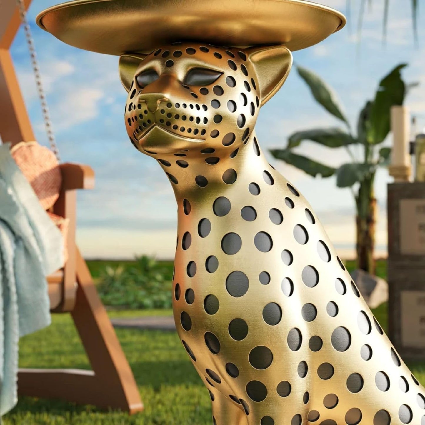 LOVEDIMA 24.2" Resin Panther Statue Luxury Gold Leopard Floor Figurine Accent Side Statue with Tray Top for Small Space Living Room Bedroom