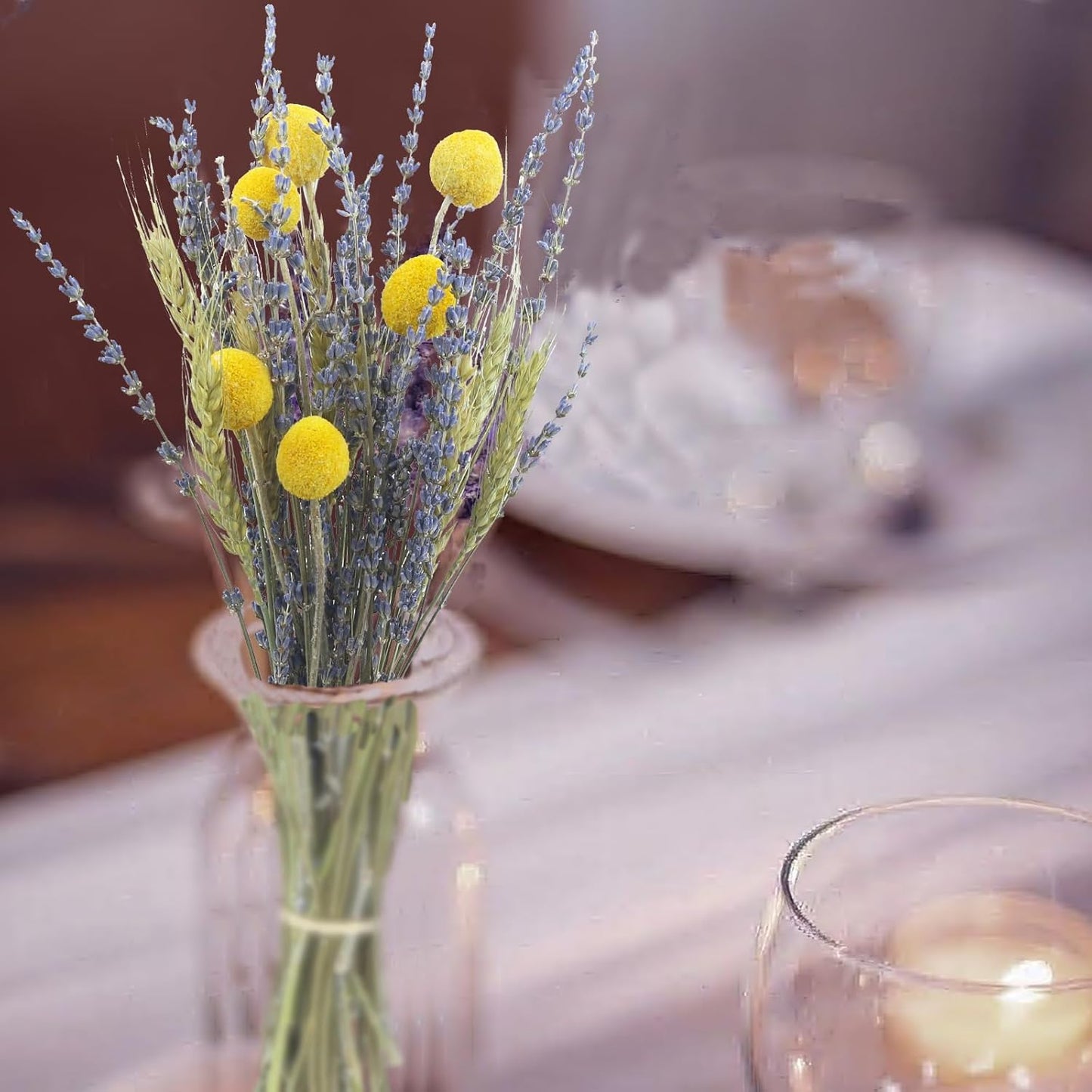 CISDUEO Dried Flowers Bouquet Dried Wheat Stalks Bundle Natural Lavender Dried Flowers Craspedia Flowers Dried Floral Arrangements for Wedding Party Table Centerpiece Decor Farmhouse DIY