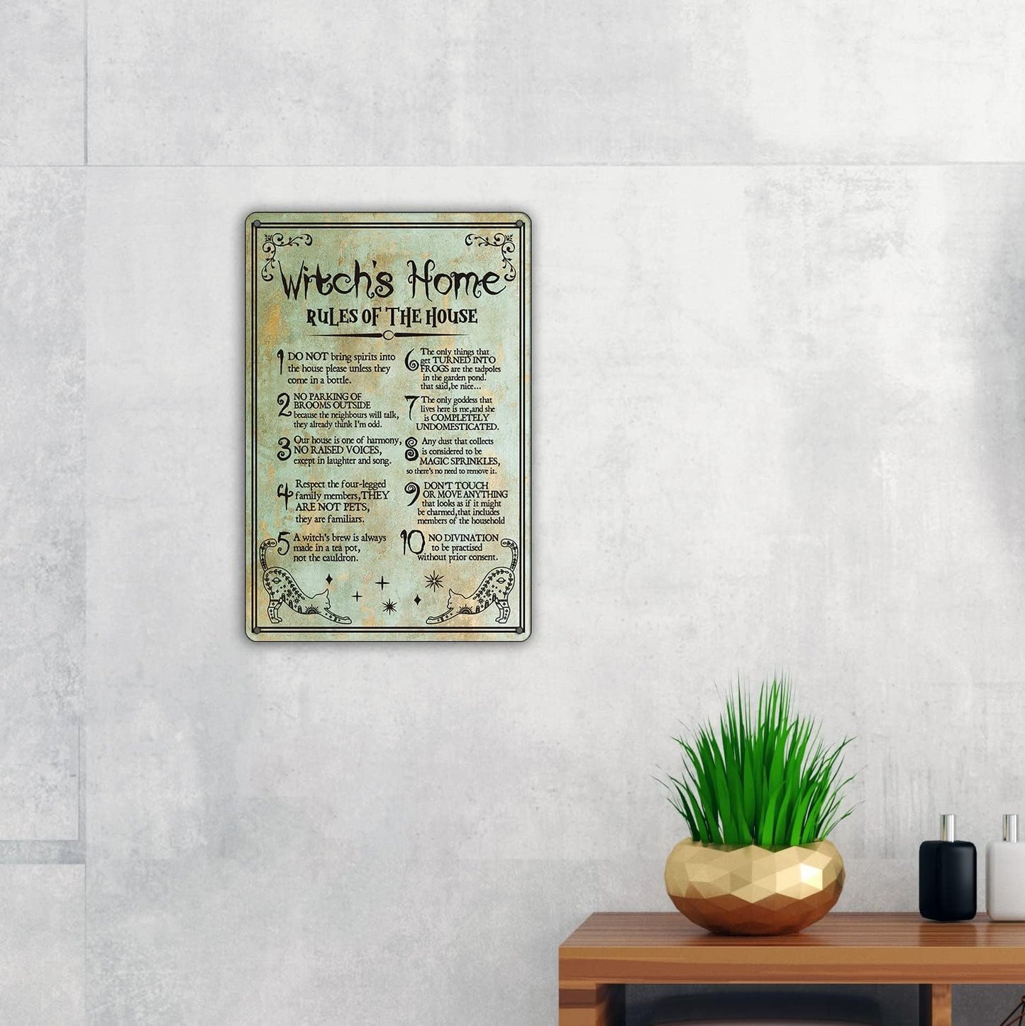 Funny Witch's Home Rules Quote Metal Tin Sign Wall Decor, Retro Do Not Bring Spirits into the House Sign for Home Decor Gifts