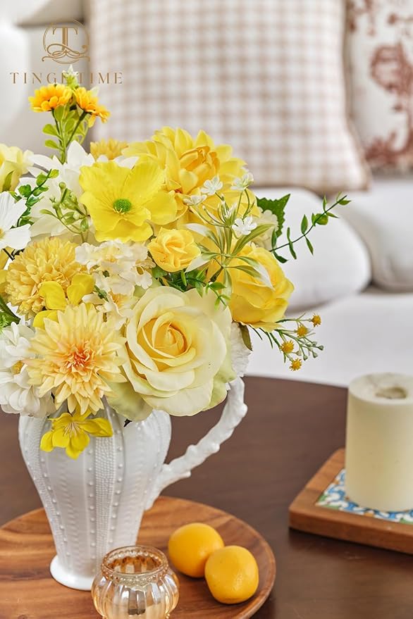 TINGE TIME Fake Flowers Artificial Flowers Peonies Bulbous Chrysanthemum Daisy Hydrangea Sunflower Violets Dahlia Daffodils Epiphyllum Orchid Cherry Blossom Camellia Leyaron (Yellow)