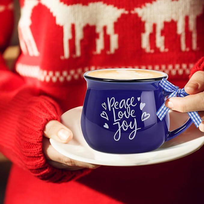 Zubebe Christmas Coffee Mugs Set of 12, 12 oz Hot Cocoa Ceramic Holiday Mugs Set for Mom, Woman, Family, Friend - Farmhouse Tiered Tray Decor, Coffee Bar Decor(Blue, White, Black)