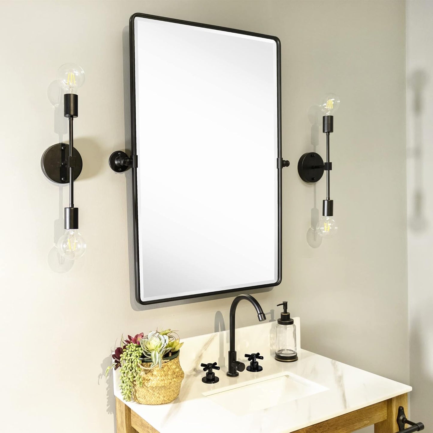 Farmhouse Pivot Rectangle Bathroom Mirror Black Metal Framed Tilting Beveled Vanity Mirrors for Wall, Overall 23.91 x 30 inches (Mirrror 20 x 30 inches)