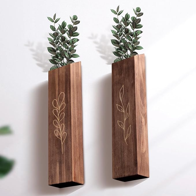 4 Pack Wood Indoor Wall Planter, Modern Boho Wall Decor for Living Room Bedroom, Farmhouse Pocket Vases for Dried Flowers and Faux Greenery Plants - Brown
