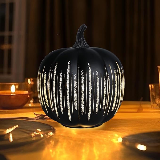 VCUTEKA Glass Pumpkin Lights, Lighted Pumpkins Halloween Decorations for Home, Pumpkin for Indoor Decor and Thanksgiving Centerpieces Tables Decor, Black
