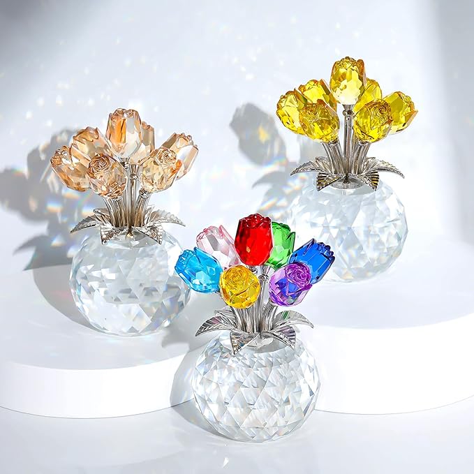 Ornalrist Crystal Yellow Rose Flower Collectible Figurine, Rose Bouquet Floral Romantic Gifts for Wife, Mom, Women on Mother's Day Valentine's Day Wedding Anniversary (5.11'' Gift Boxed)