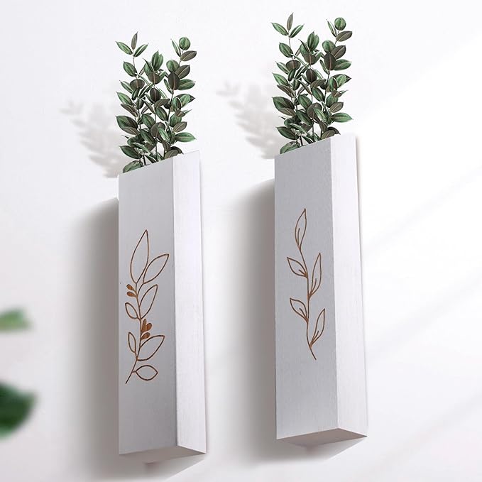 Wood Wall Planter, Farmhouse 4 Pack Indoor Pocket Wall Vases Decor for Living Room Bedroom Dried Flowers Faux Greenery Plants (White)